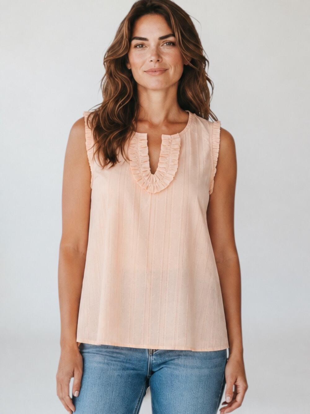 NWOT S Doe & Rae Peach Pink Dobby Dot Ruffle Sleeve Pleated Babydoll Tank Top